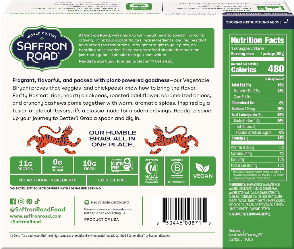 Saffron Road Frozen Vegetable Biryani – Seed Oil Free, No Artificial Ingredients, Gluten-Free, Vegan – 10 Ounce