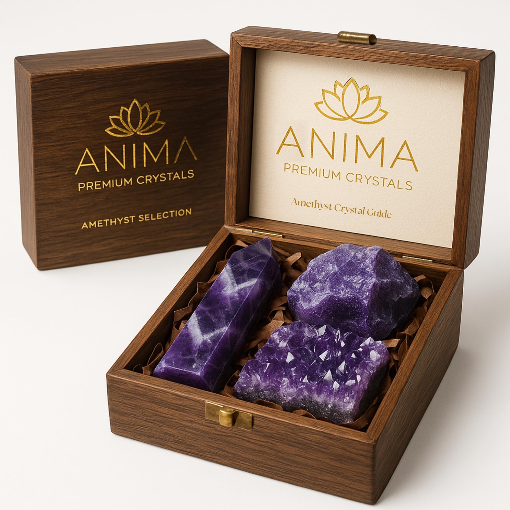 Anima Premium 7 Chakra Healing Crystals Set for Energy Alignment - Large Raw Amethyst, Rose Quartz, Citrine, Lapis Lazuli, Clear Quartz, Tigers Eye & Red Jasper - Wooden Gift Box & Guidebook Included