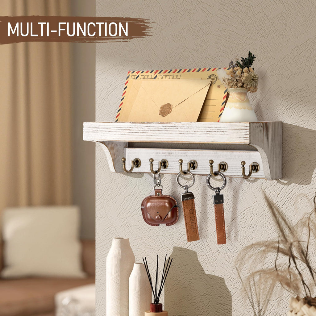 Rebee Vision Acacia Wood Farmhouse Key Holder Wall Mount for Room Decor – Retro Key Holder for Wall with Shelf for Cute Things– Stylish Home Storage for Apartment Essentials (Acacia Wood)