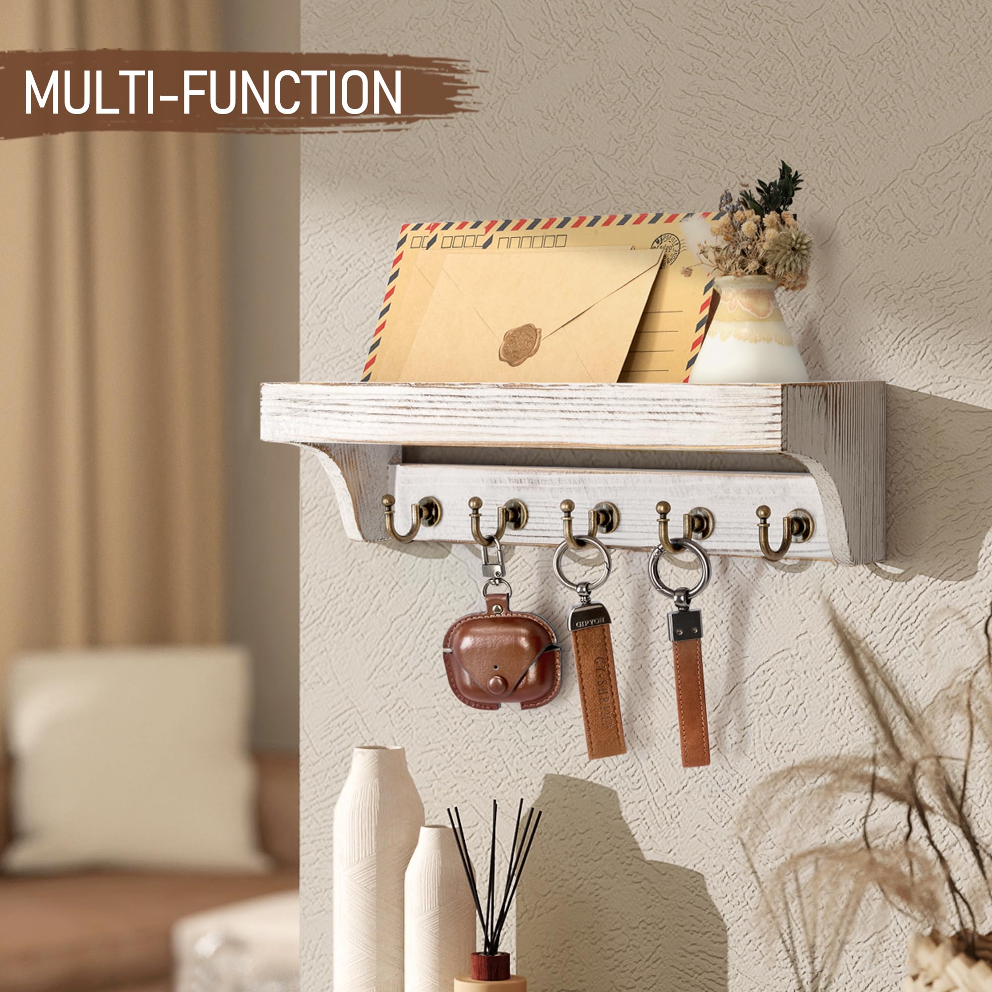 Rebee Vision Acacia Wood Farmhouse Key Holder Wall Mount for Room Decor – Retro Key Holder for Wall with Shelf for Cute Things– Stylish Home Storage for Apartment Essentials (Acacia Wood)