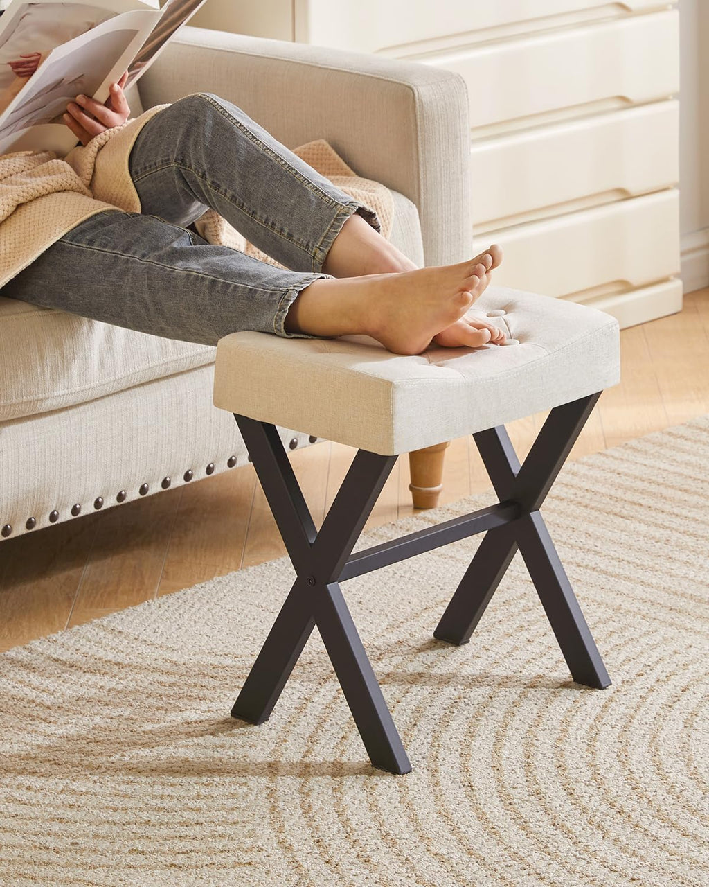 IBUYKE U-Shaped PU Vanity Stool, Square Makeup Chair with X-Leg, Ottoman Seat Footrest Stool, Multi-Use as Small Side Table, for Bedroom, Living Room, Black WBD019B
