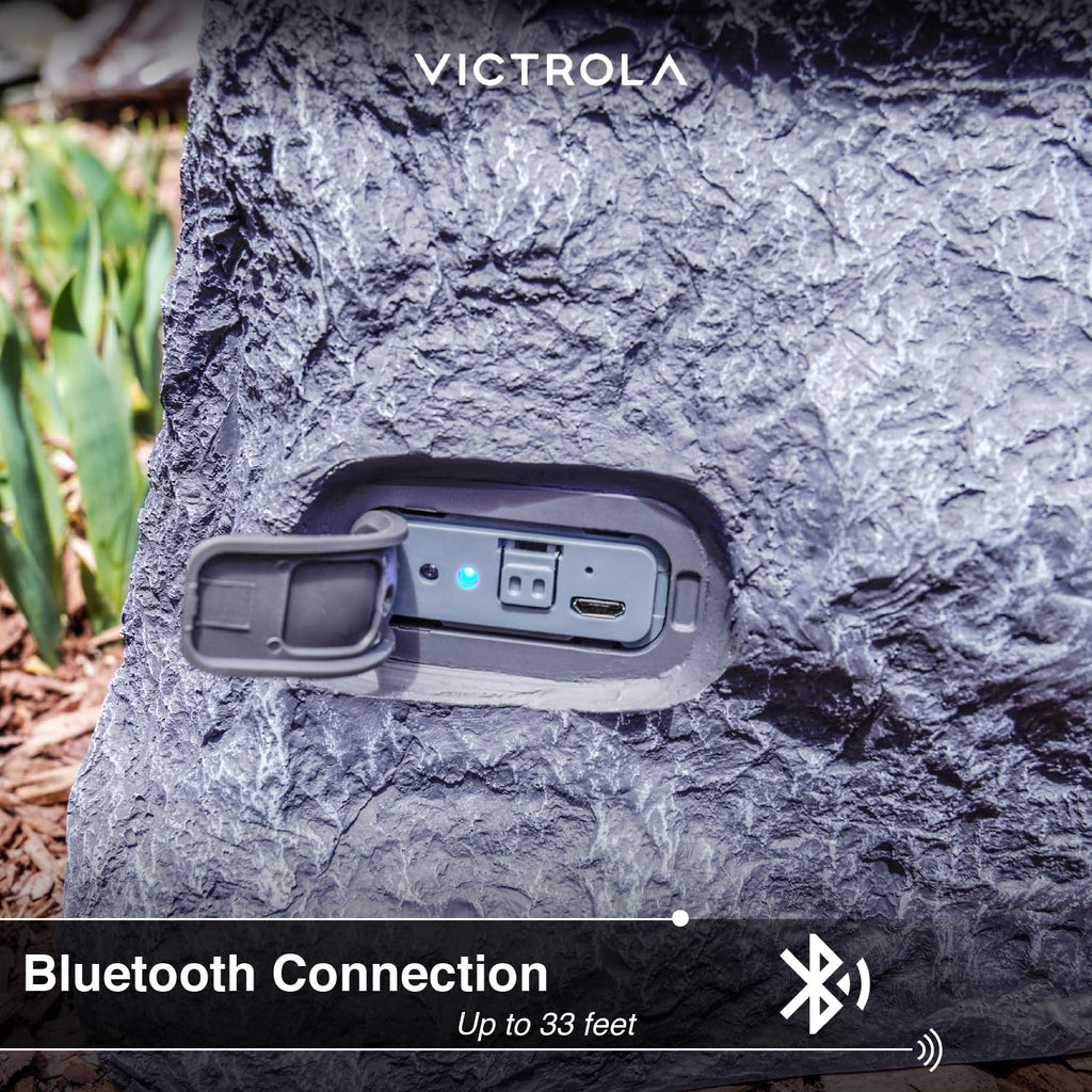 Victrola Outdoor Rock Speaker (Pair) – IPX4 Rechargeable Outdoor Bluetooth Speakers for Garden, Patio, Built for All Seasons, Wireless Music Streaming (Charcoal)