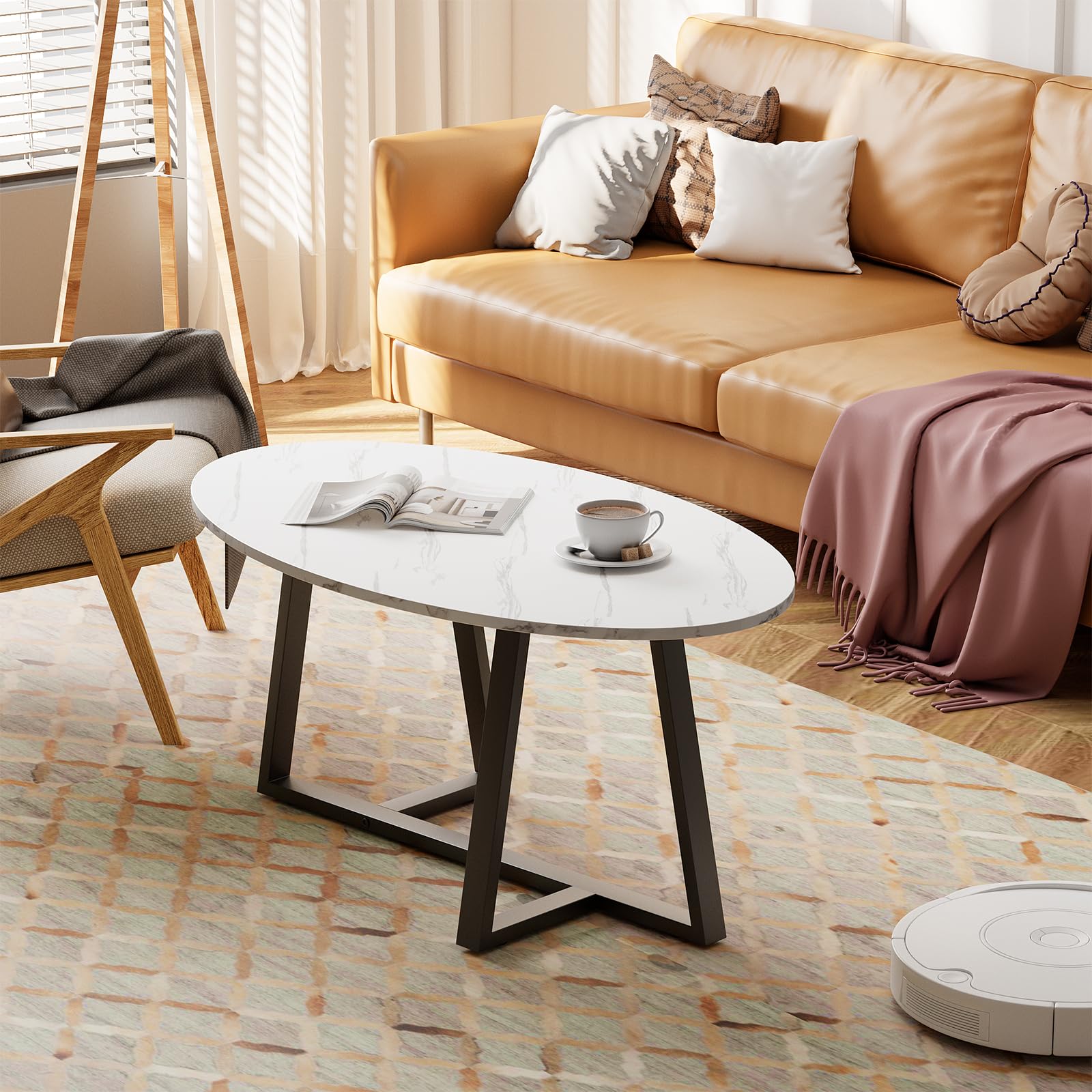 Wolawu Coffee Table Gold Oval Glass Coffee Tables for Living Room,Modern Gold Metal Frame Tea Tables for Small Space, Tempered Glass Top Center Table with Stable Cross Base for Bedroom, Office,Balcony