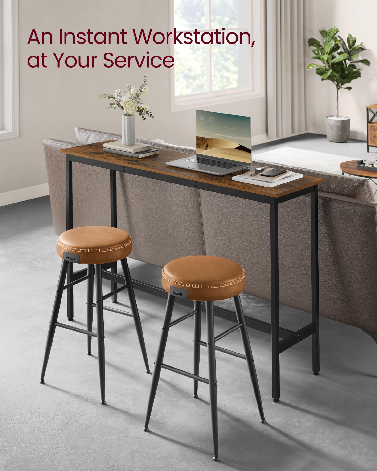 VASAGLE Bar Table, Kitchen Dining Table, High Top Pub Table, Bar Height Cocktail Table for Living Room Party, Sturdy Metal, 15.7 x 39.4 x 35.4 Inches for Narrow Spaces, Ebony Black and Ink Black