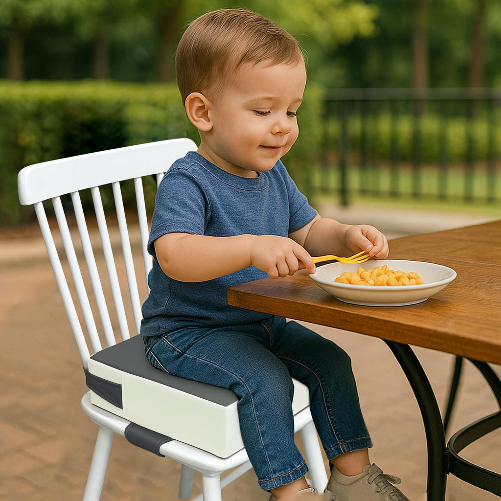 Toddler Booster Seat for Dining Table – PU Washable Cushion with Double Safe Straps, Non-Slip Bottom, Portable Travel Booster Seat for Toddlers (Dark Brown)