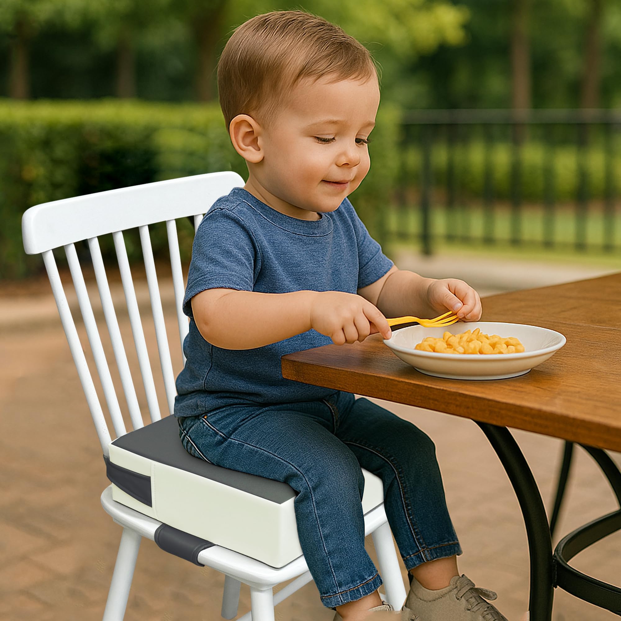 Toddler Booster Seat for Dining Table – PU Washable Cushion with Double Safe Straps, Non-Slip Bottom, Portable Travel Booster Seat for Toddlers (Dark Brown)