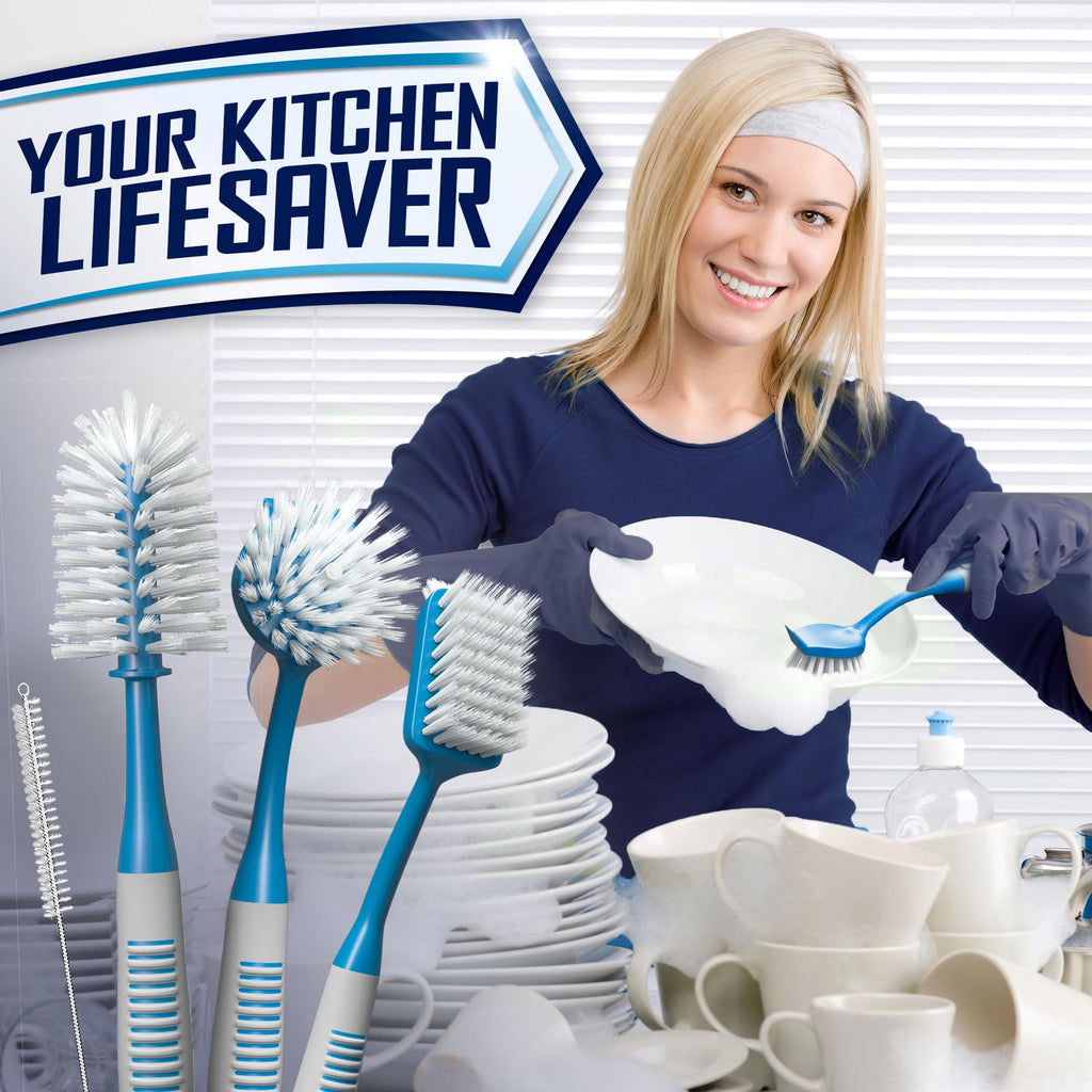 Dish Brush Set of 5 with Holder - Kitchen Scrub Brushes with Non-Slip Long Handle for Cleaning, Scrubber, Dishwashing, Dishes, Bottles, Straws, Cups, Pots & Sink, Baige