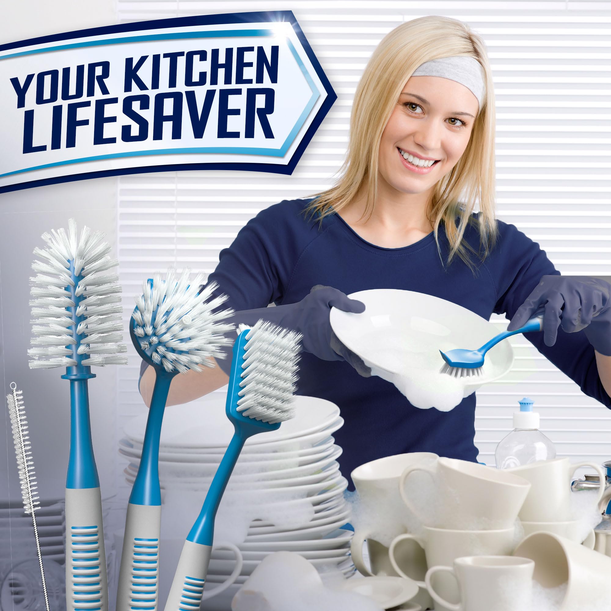 Dish Brush Set of 5 with Holder - Kitchen Scrub Brushes with Non-Slip Long Handle for Cleaning, Scrubber, Dishwashing, Dishes, Bottles, Straws, Cups, Pots & Sink, Baige