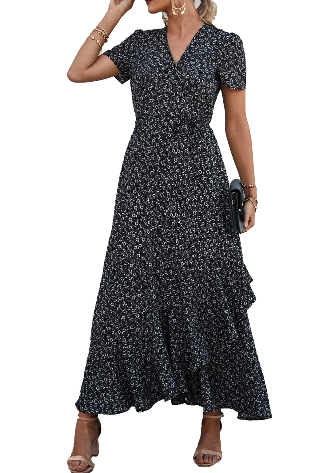 PRETTYGARDEN Women's Boho Floral Maxi Dress Summer Short Sleeve Wrap V Neck Long Flowy Beach Vacation Wedding Guest Dresses