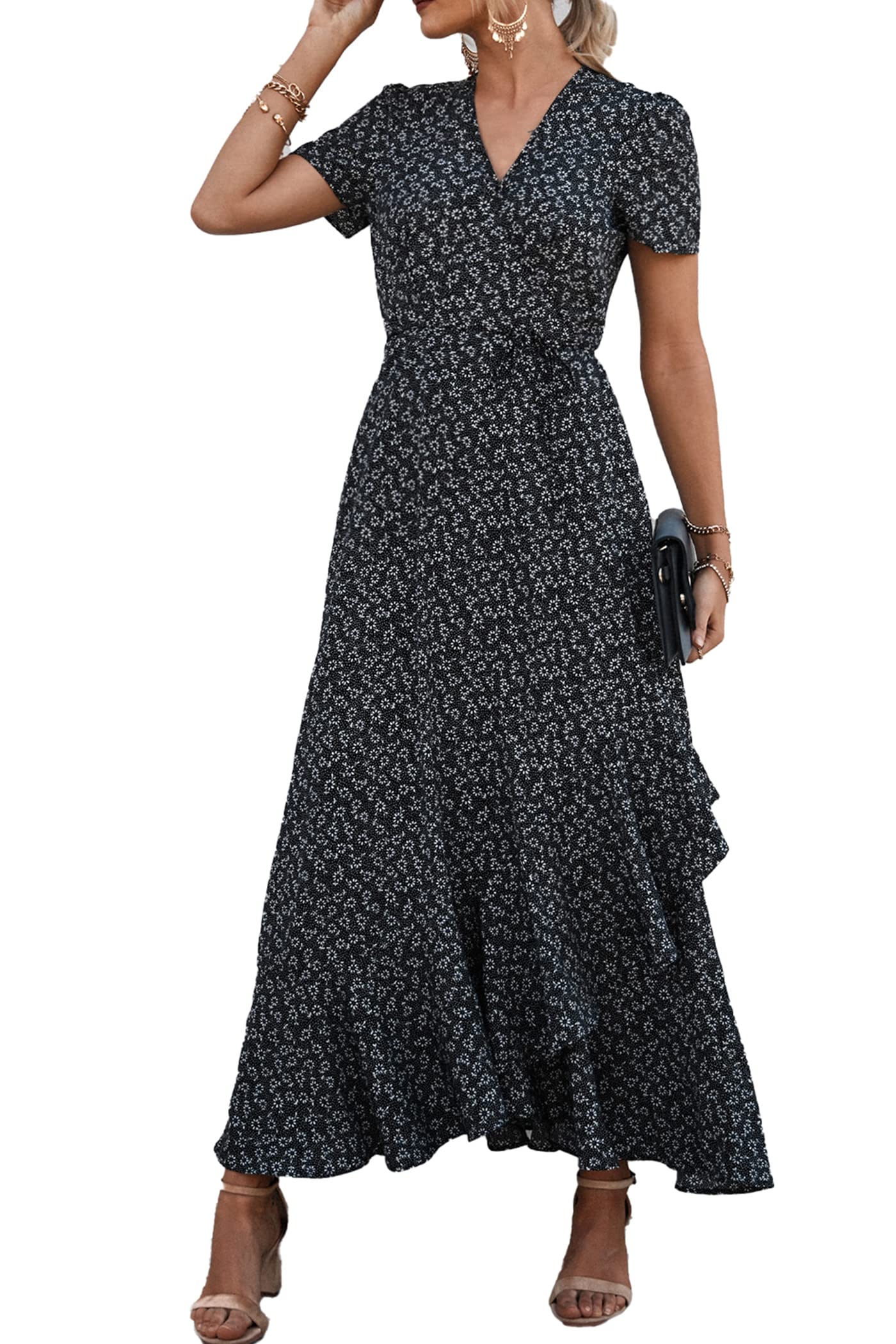 PRETTYGARDEN Women's Boho Floral Maxi Dress Summer Short Sleeve Wrap V Neck Long Flowy Beach Vacation Wedding Guest Dresses