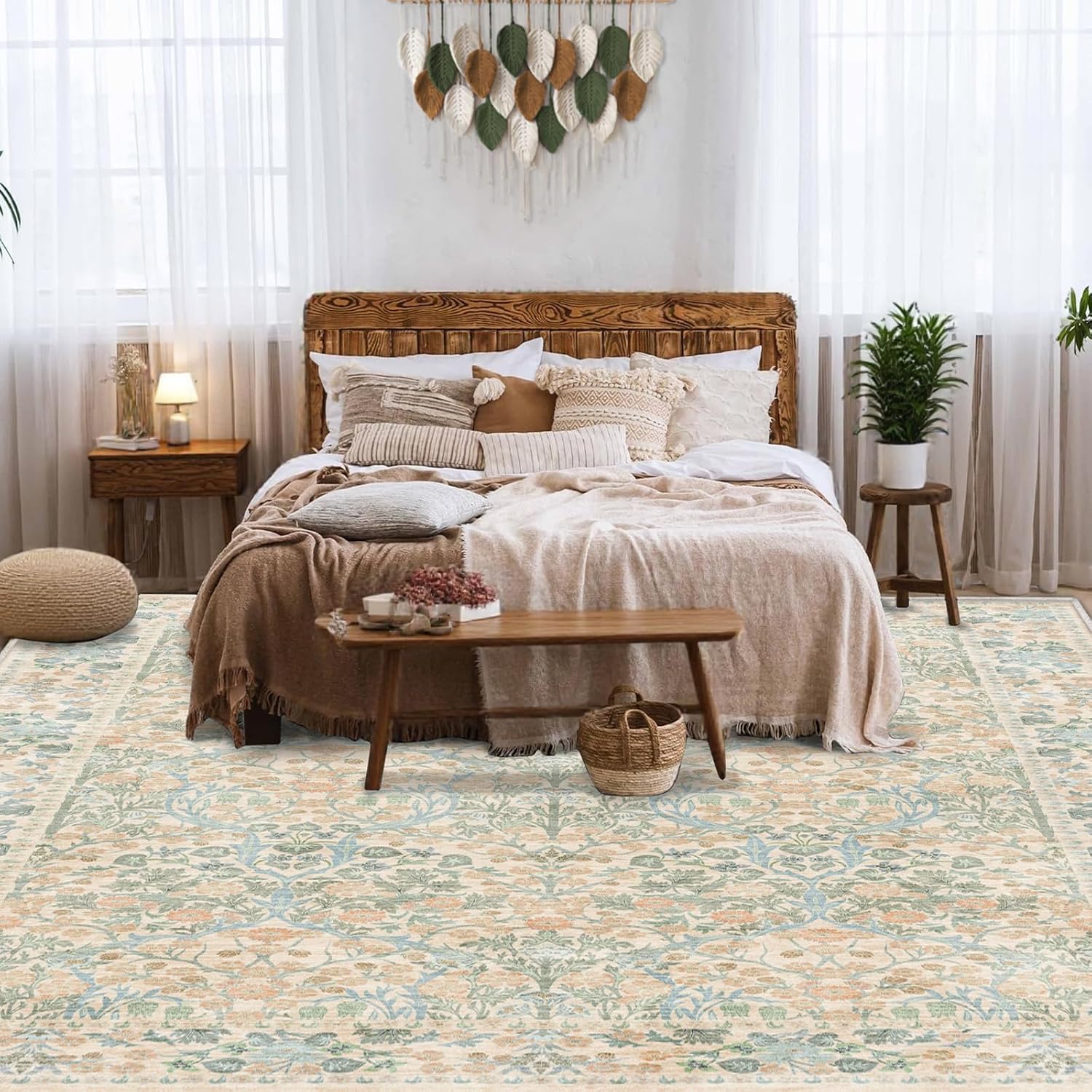 Area Rugs for Living Room - 5x7 Area Rugs, Floral Rug, Washable Rugs 5x7, Non-Slip, Stain Resistant Soft Vintage Large Carpet Low Pile Thin Rugs for Living Room Bedroom