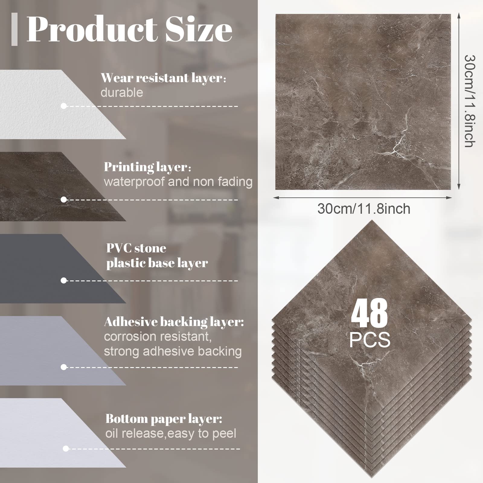 Spiareal 48 Pieces Peel and Stick Floor Tiles Vinyl Flooring 12 x 12 Inch Stick on Floor Tile Self Adhesive Waterproof DIY for Bathroom Kitchen Bedroom Living Room(Black Marble)