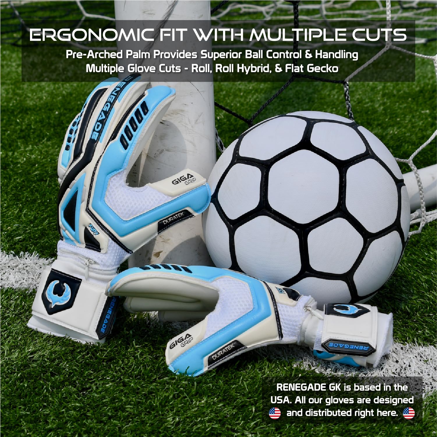 Renegade GK Fury Goalie Gloves with Microbe-Guard - Adult, Youth, Kids (Sizes 6-11) Pro-Tek Fingersaves & 4+3MM Giga Grip | High Performance Pro-Level Goalkeeper Glove | Based in USA
