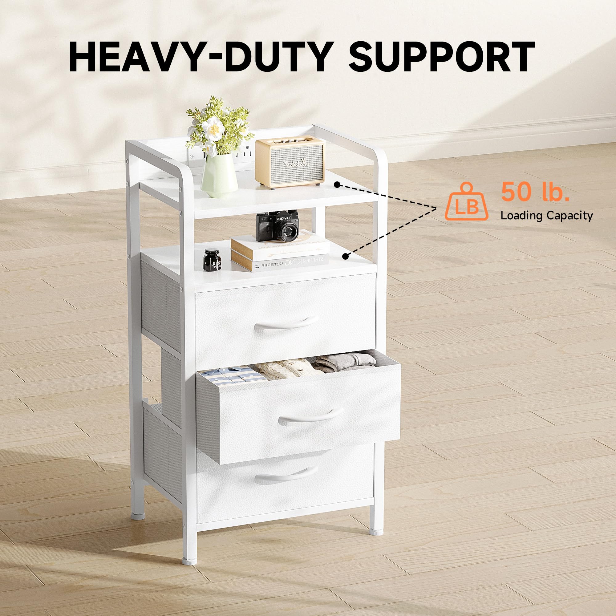 Lazzanto Night Stand Bedside Charger Bedroom - Nightstand with Charging Station & LED Light Strip, Night Stand with Storage Shelf & 2 Fabric Drawers, Morden End Table with U-S-B Ports & AC Outlets