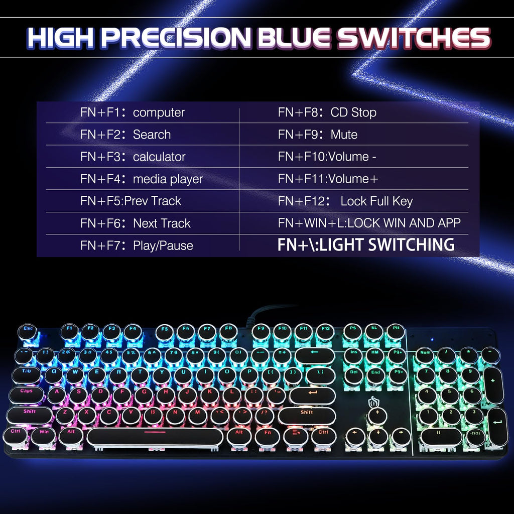YSCP Typewriter Style Mechanical Gaming Keyboard RGB Backlit Wired with Blue Switch Retro Round Keycap 104 Keys Keyboard (R-Black)