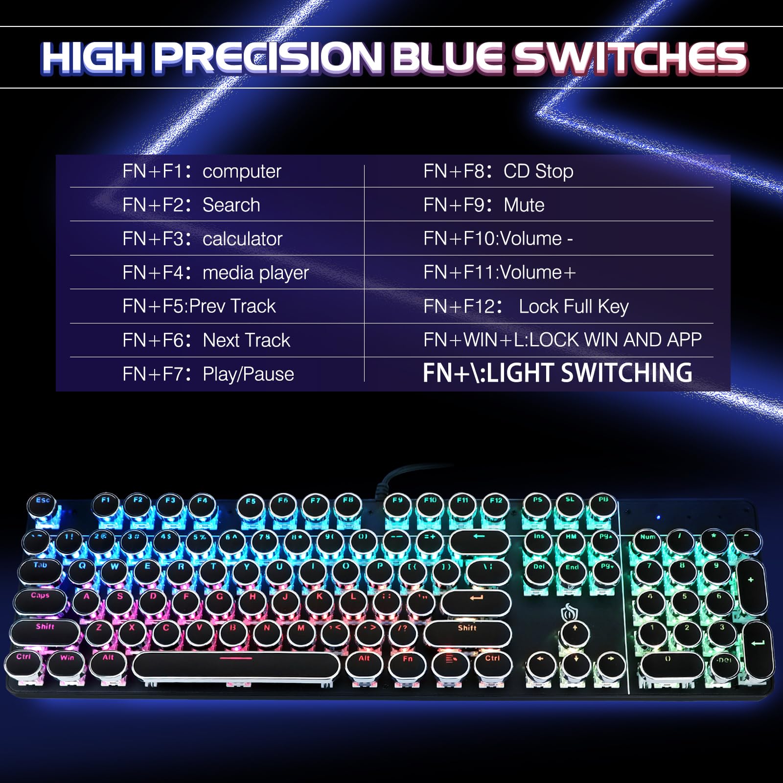 YSCP Typewriter Style Mechanical Gaming Keyboard RGB Backlit Wired with Blue Switch Retro Round Keycap 104 Keys Keyboard (R-Black)
