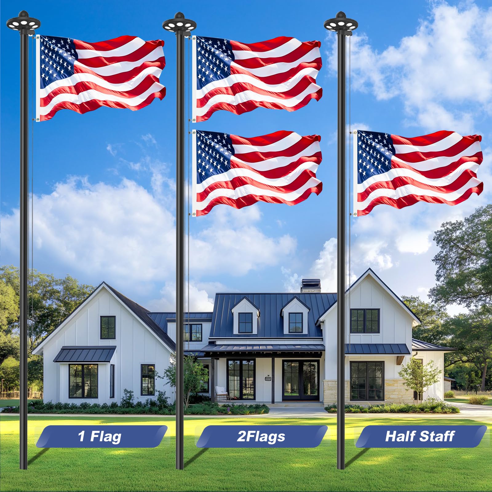 Upgraded 10 Gauge 20FT Heavy Duty Flag Pole Kit with 136 LED Solar Light, Extra Thick Flagpole for Outside House in Ground, Bottom 3 mm Thick & Width 3.35 in, 120MPH Wind Rated