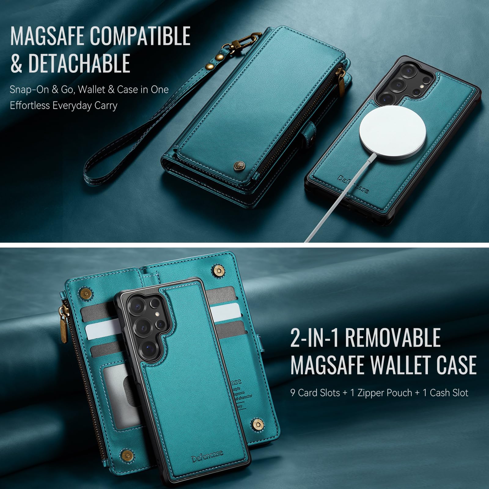 Defencase for Samsung Galaxy S25 Ultra Magnetic Wallet Case Compatible with Magsafe with RFID Blocking Zipper & Card Holder Women, PU Leather Detachable Phone Case for Galaxy S25 Ultra 6.9", Black