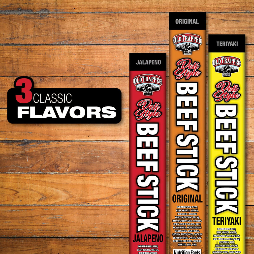 Old Trapper Deli-Style Beef Sticks, Jalapeño Flavor, 15-Ounce Package, Spicy Beef Sticks, Six Grams of Protein and Zero Grams of Sugar per Serving (Pack of One)