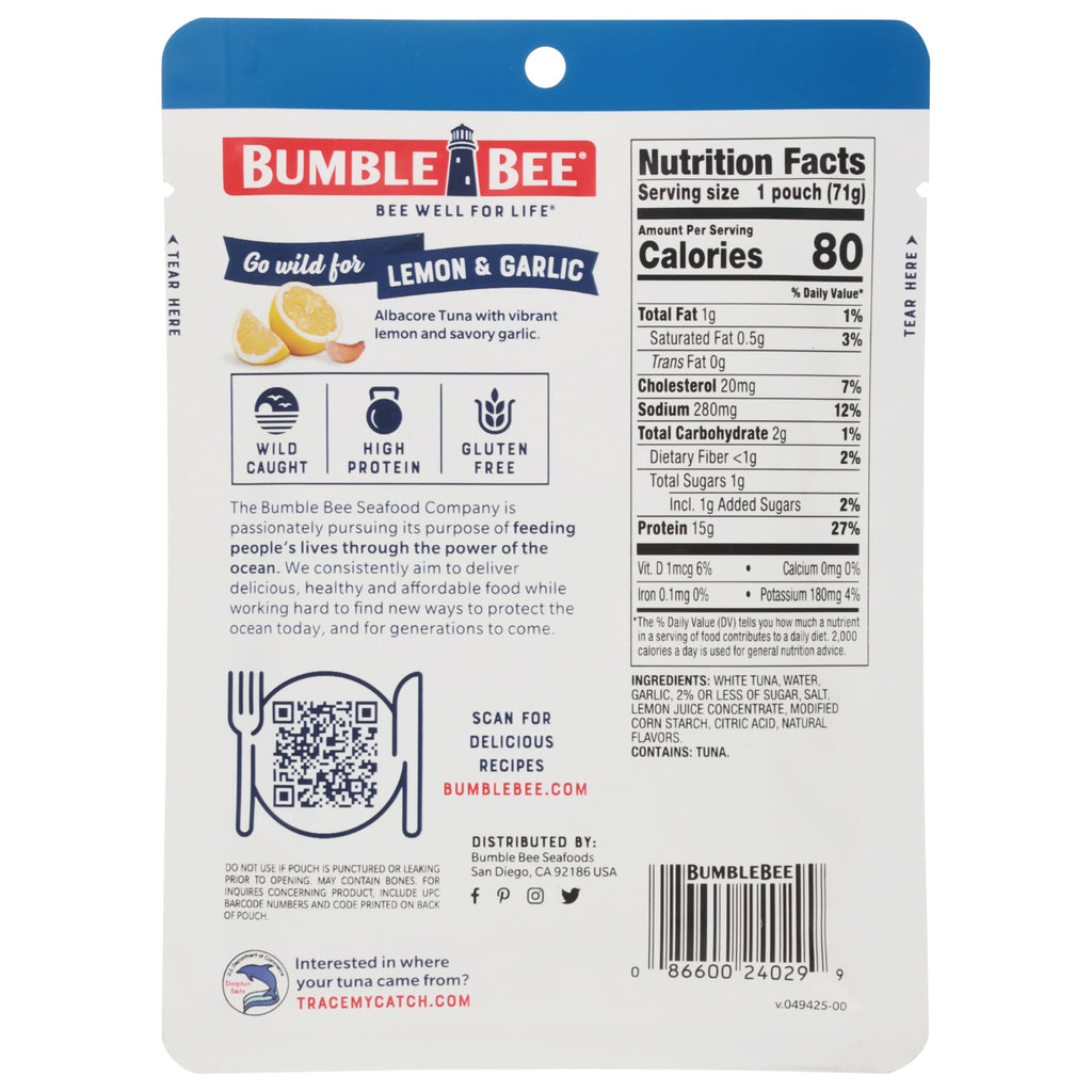 Bumble Bee Lemon & Garlic Seasoned White Albacore Tuna in Water, 2.5 oz Pouch - Wild Caught Tuna - 15g Protein per Serving, High in Omega-3s - Non-GMO, Gluten Free - No Draining Required
