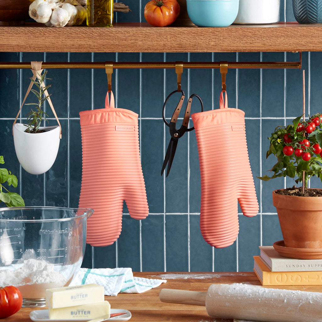 KITCHENAID Ribbed Soft Silicone Oven Mitt 2-Pack Set, 7.5"x13", Aqua Sky