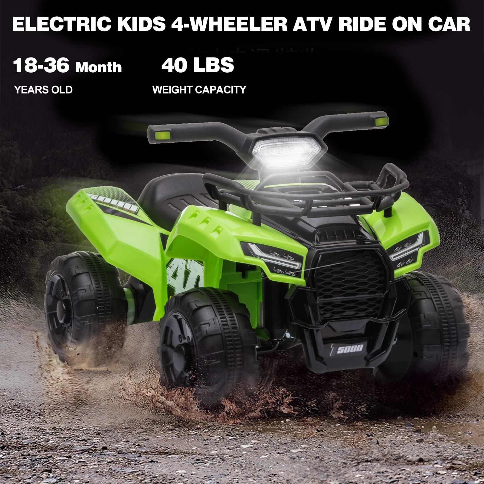 Kids Ride on ATV, 6V Battery Powered Kids Electric Vehicle, 4 Wheeler Quad w/Headlights, MP3, USB, Volume Control, Large Seat, Electric Ride on Toys Best Gifts for 18-36 Months Boys Girls (Black)