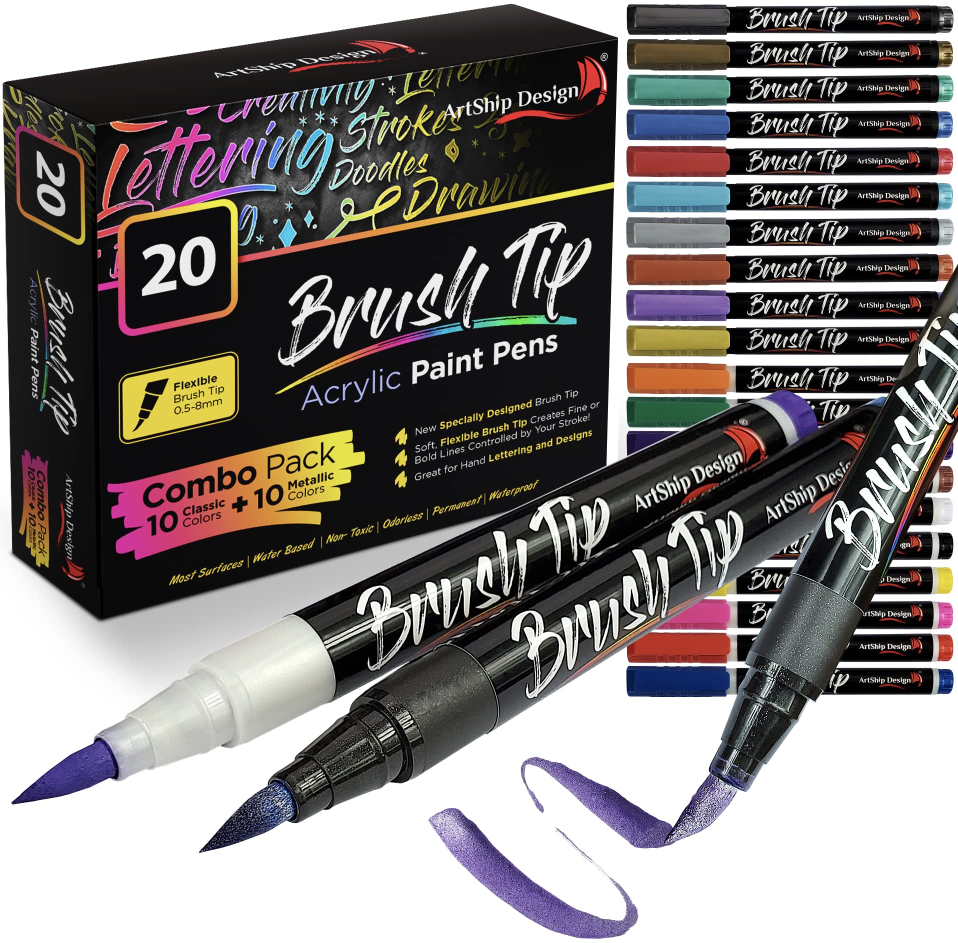 ArtShip Design 10 Black Acrylic Paint Pens, Double Pack of Both Extra Fine and Medium Tip Paint Markers, for Rock Painting, Mug, Ceramic, Glass, and Fabric Painting, Water Based Non-Toxic and No Odor