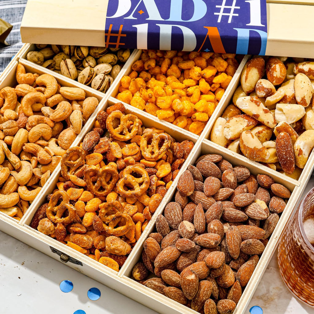 Nut Gift Basket, in Reusable Wooden Crate, Healthy Fathers Day Gift Option, Gourmet Snack Food Box, with Unique Flavors, Great for Feel Better, Sympathy & Birthday- Bonnie & Pop