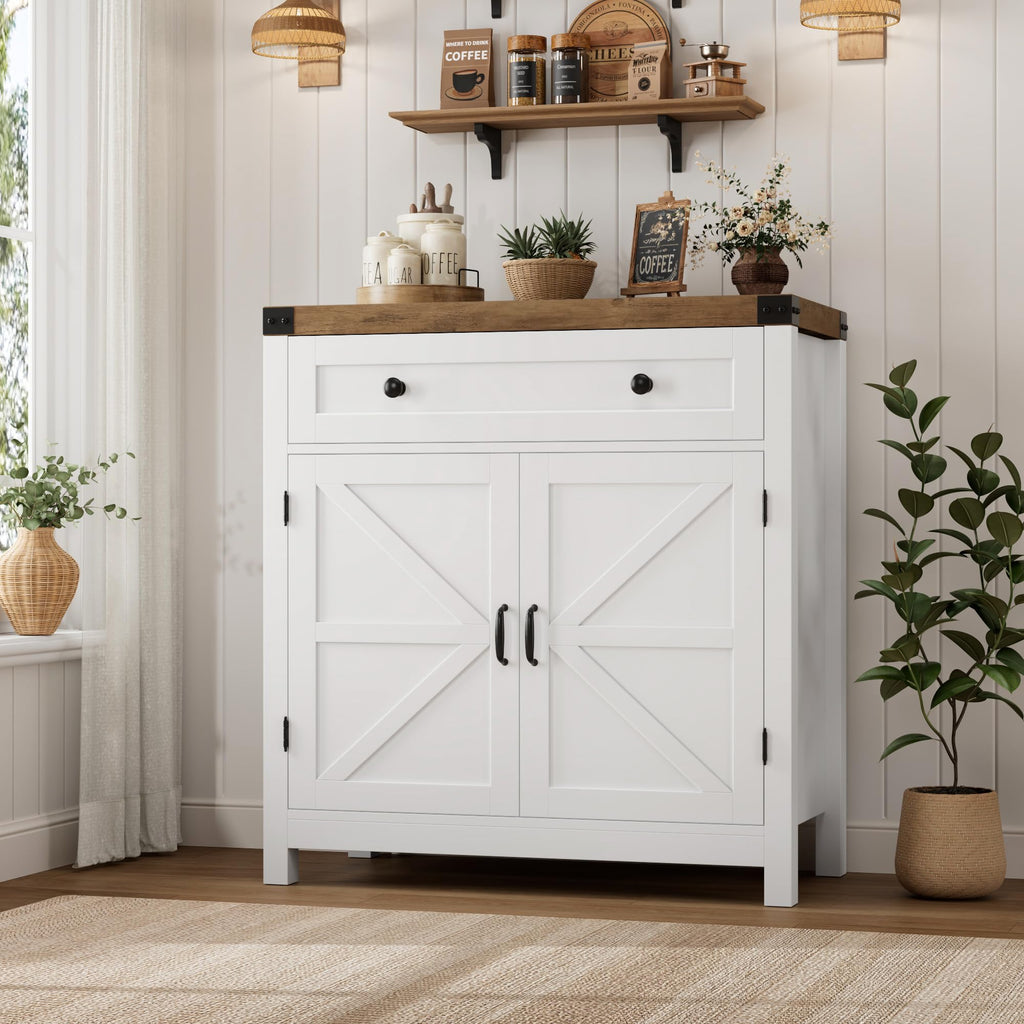 HOSTACK Coffee Bar Cabinet, Kitchen Storage Cabinet, Modern Farmhouse Buffet Sideboard with Drawer and Adjustable Shelf, Barn Door Accent Cabinets for Kitchen, Dining Room, Entryway, Ash Grey