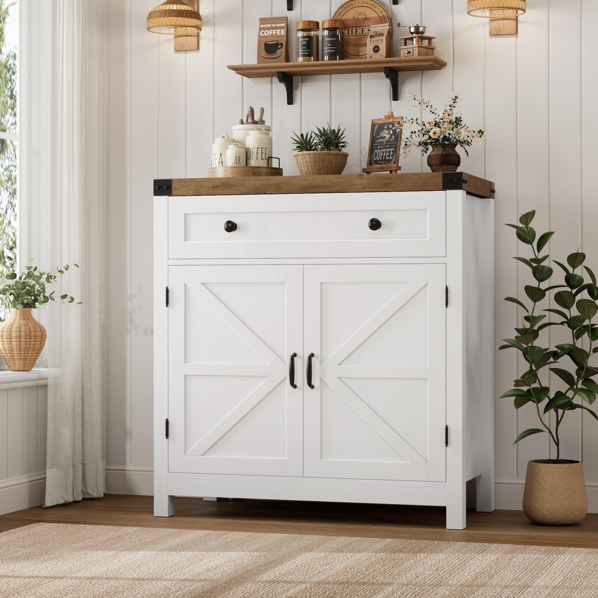 HOSTACK Coffee Bar Cabinet, Kitchen Storage Cabinet, Modern Farmhouse Buffet Sideboard with Drawer and Adjustable Shelf, Barn Door Accent Cabinets for Kitchen, Dining Room, Entryway, Ash Grey