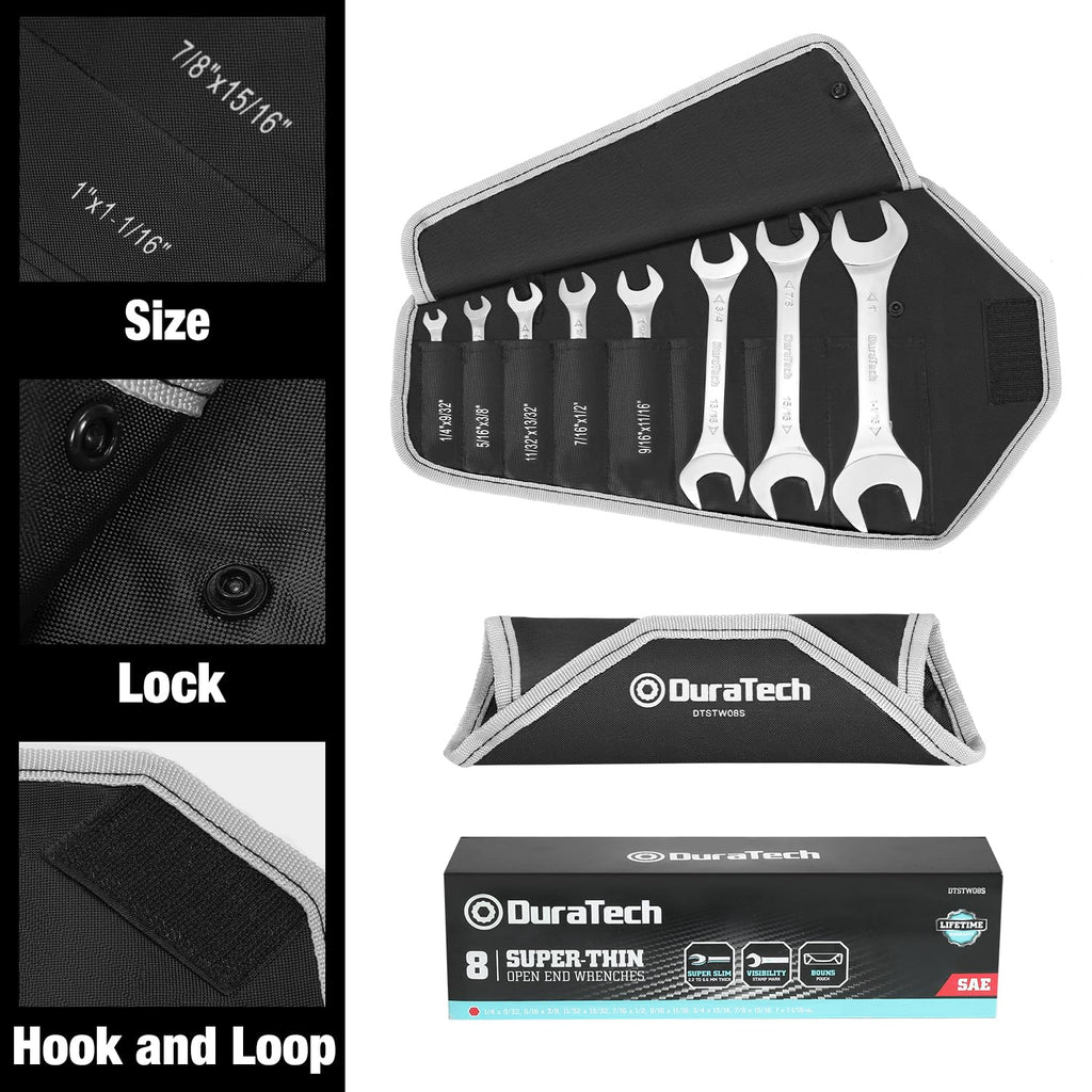 DURATECH Super-Thin Open End Wrench Set, Metric, 8-Piece, 5.5mm to 27mm, Black Electrophoretic Coating, with Rolling Pouch
