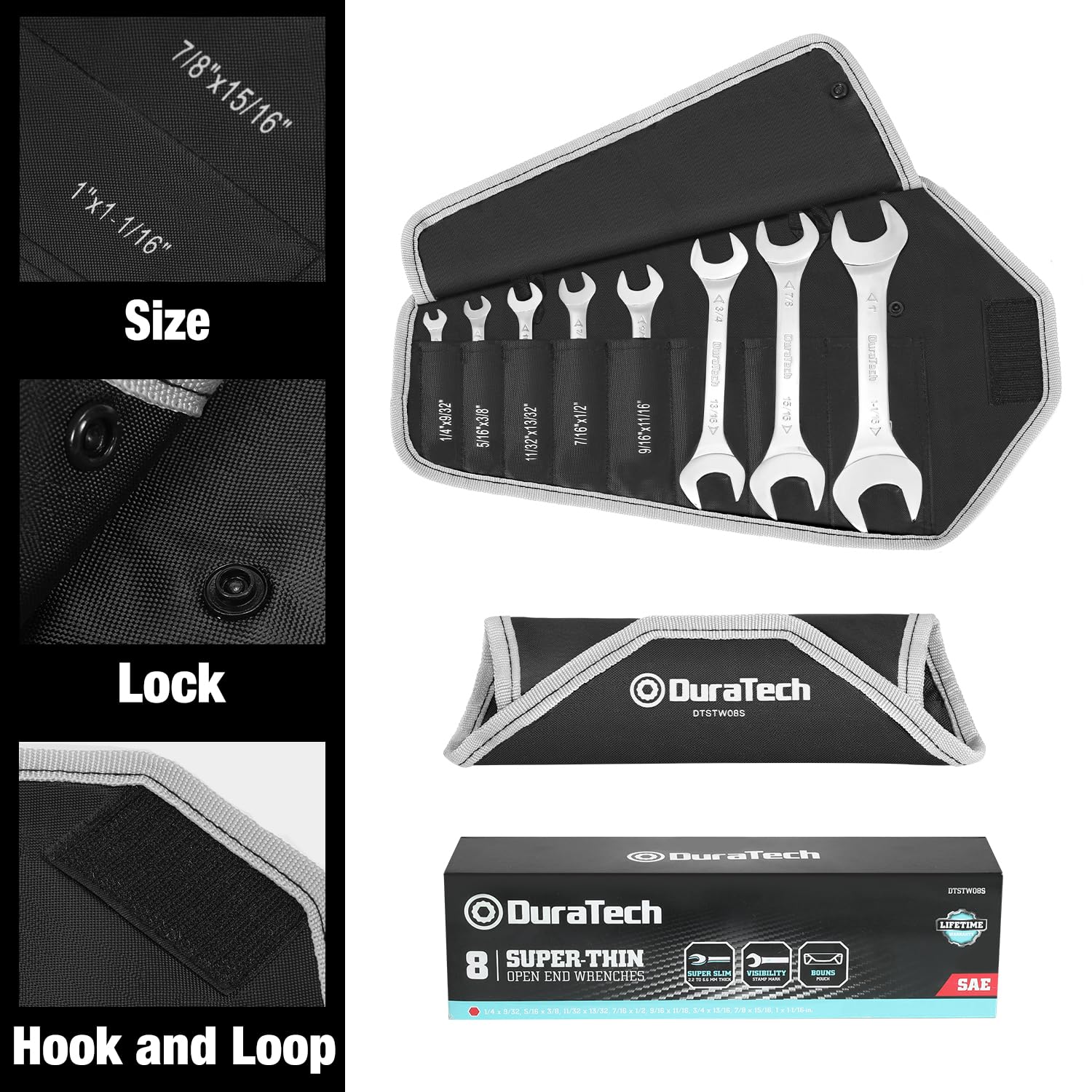 DURATECH Super-Thin Open End Wrench Set, Metric, 8-Piece, 5.5mm to 27mm, Black Electrophoretic Coating, with Rolling Pouch