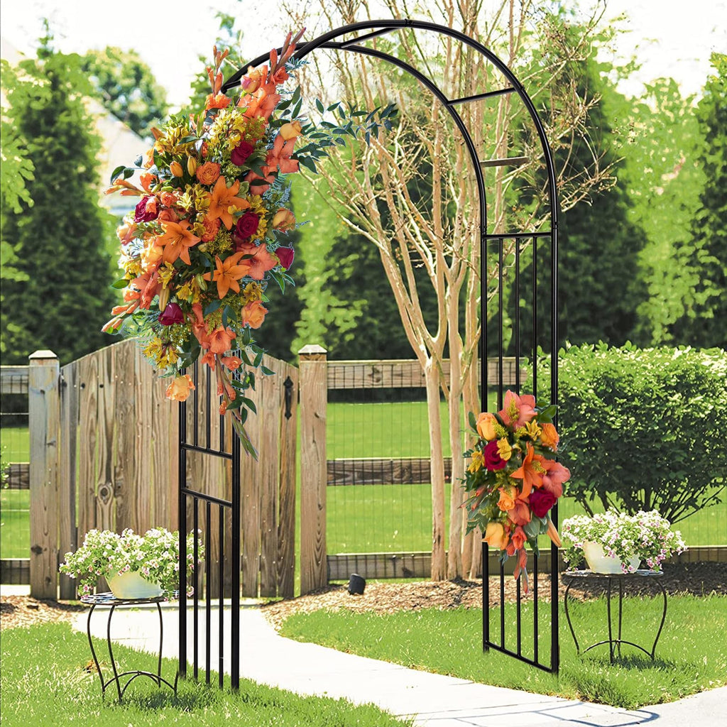 LDAILY Moccha Garden Arch Arbor Trellis, 7.2Ft Outdoor Steel Arbor with Stakes, Metal Archway for Climbing Plants, Wide Sturdy Garden Arch for Lawn, Party, Ceremony Wedding Decoration, Black (1 Piece)
