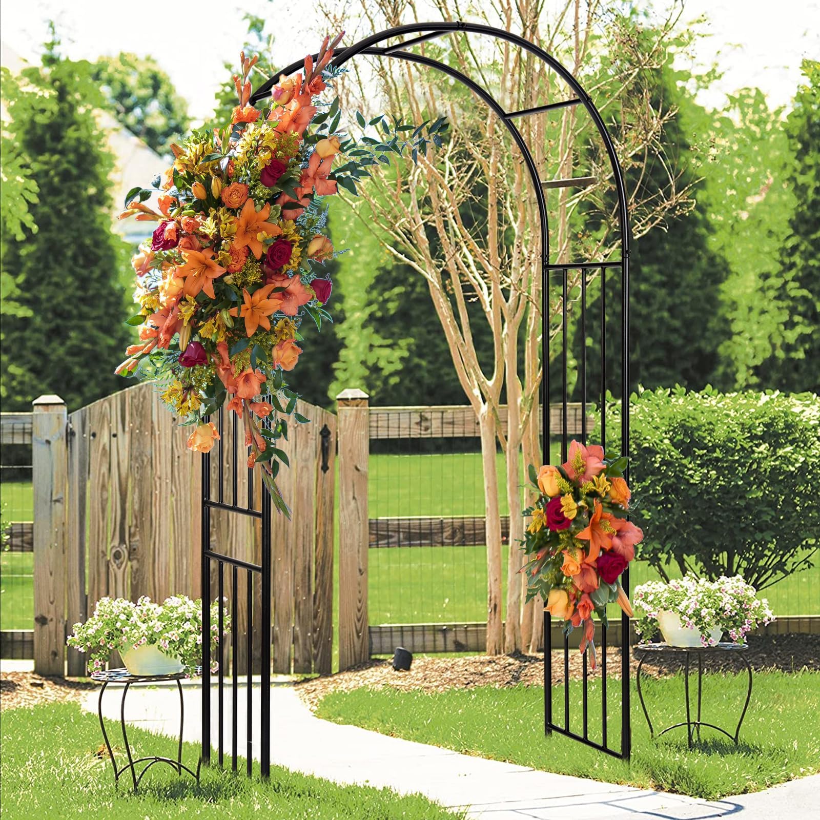 LDAILY Moccha Garden Arch Arbor Trellis, 7.2Ft Outdoor Steel Arbor with Stakes, Metal Archway for Climbing Plants, Wide Sturdy Garden Arch for Lawn, Party, Ceremony Wedding Decoration, Black (1 Piece)