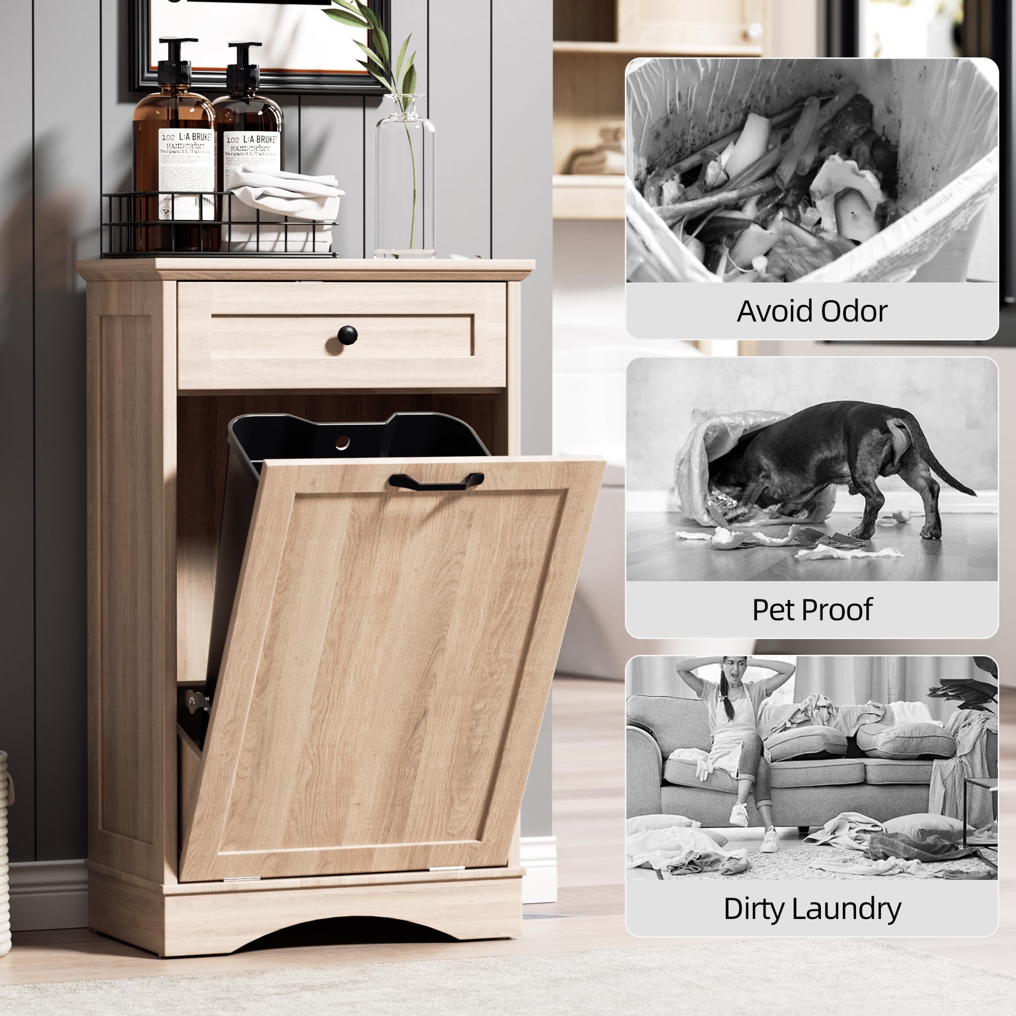 AHB Double Tilt Out Trash Can Cabinet Freestanding Kitchen Trash Can, 2x13 Gallons Hidden Garbage Recycling Cabinet with Hideaway Drawers Pet Proof Trash Can Holder for Kitchen, Antique White