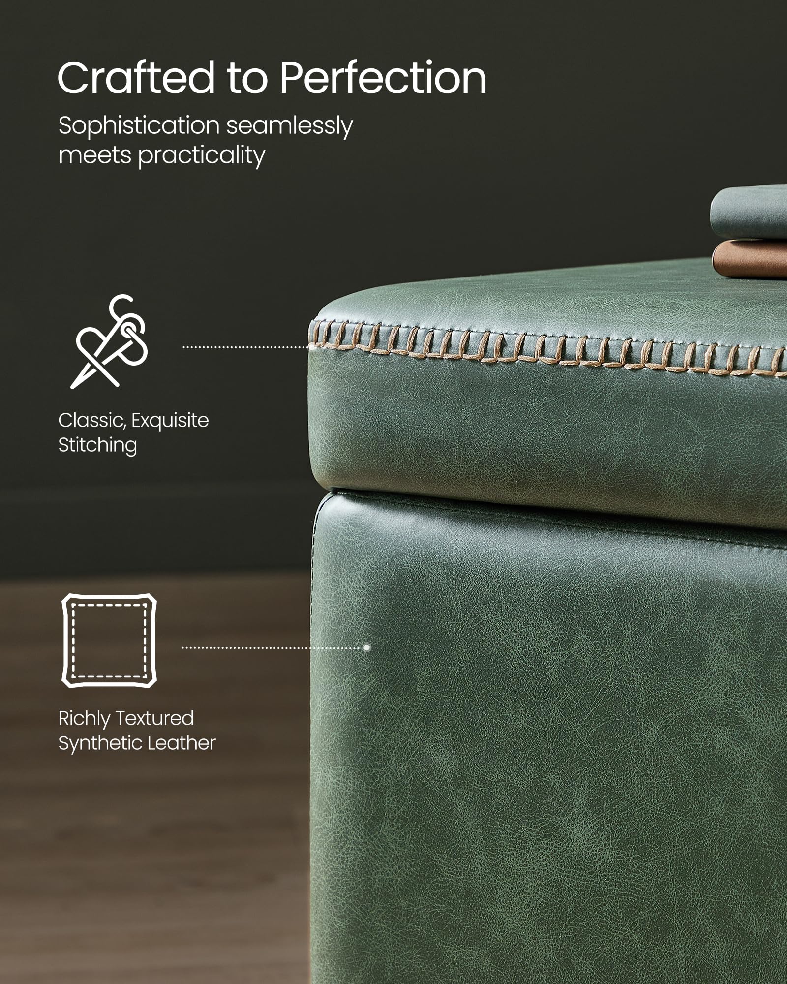 VASAGLE EKHO Collection - Storage Ottoman Bench, Entryway Bedroom Bench, 15 Gallons, Synthetic Leather with Stitching, Mid-Century Modern, Safety Hinges, Loads 660 lb, Caramel Brown ULOM074K01