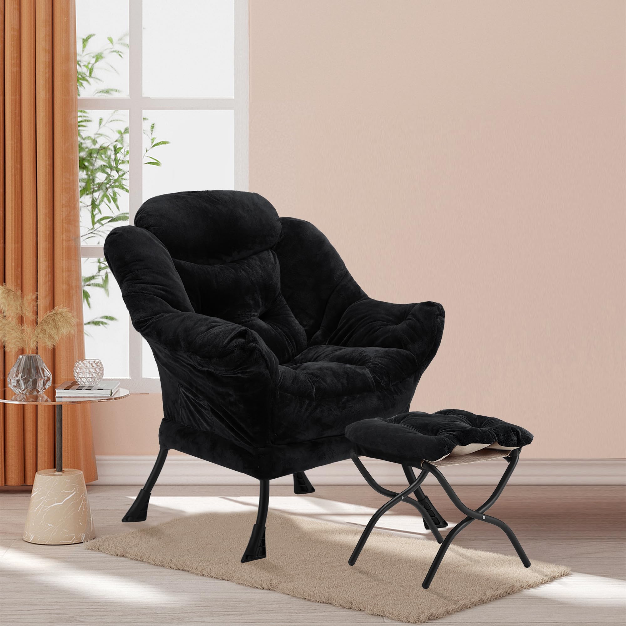 Youtanic Lazy Chair with Folding Ottoman, Accent Chair Velvet Upholstered with Metal Structure and Non-Slip Pads, Sofa Armchair with Footrest and Side Storage Bag for Dorm, Room, Office, Beige