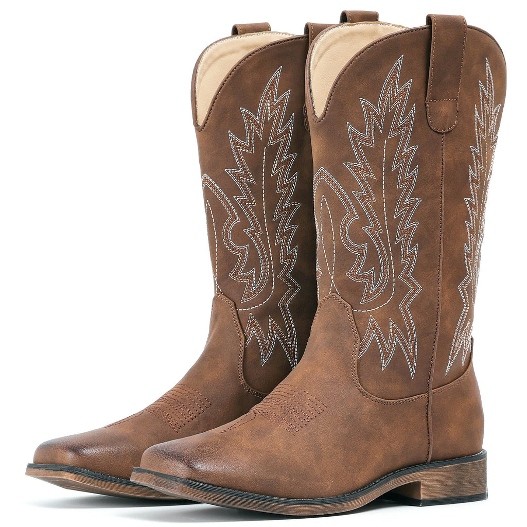 IUV Cowboy Boots For Women Square Toe Wide Western Boots Mid Calf Cowgirl Boots Pull On Embroidered Brown Cowboy Boots