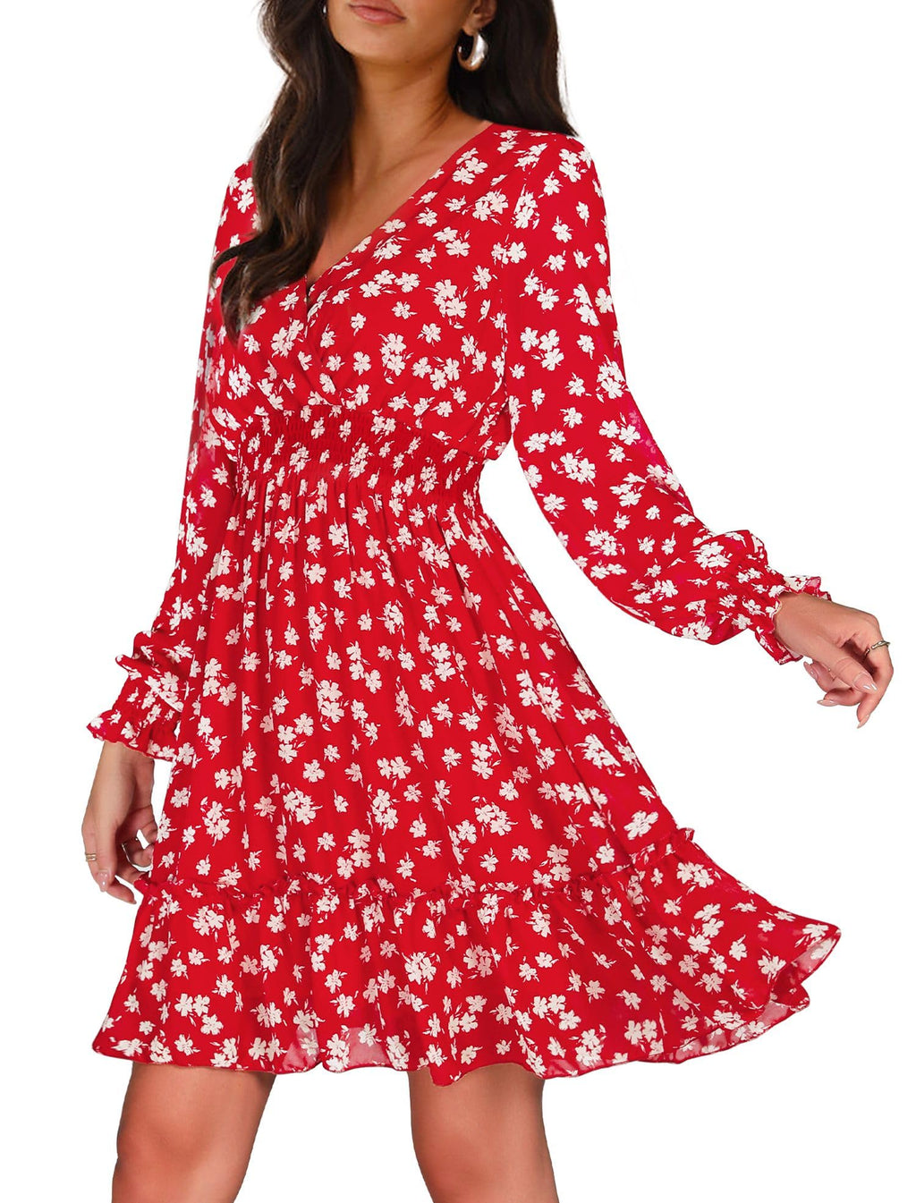 Prettywear Women's Floral Chiffon Long Sleeve Mini Dress Flowy A-Line Wrap Neck Tie Back Short Dress