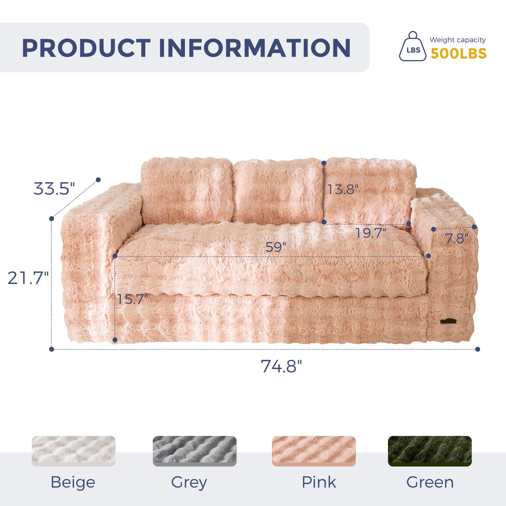 MAXYOYO 3 Seater Sofa Couch for Living Room, Tufted Boneless Couch Sofa Couch, Comfy Bubbled Bean Bag Chair for Apartment, No Assembly Needed, Beige