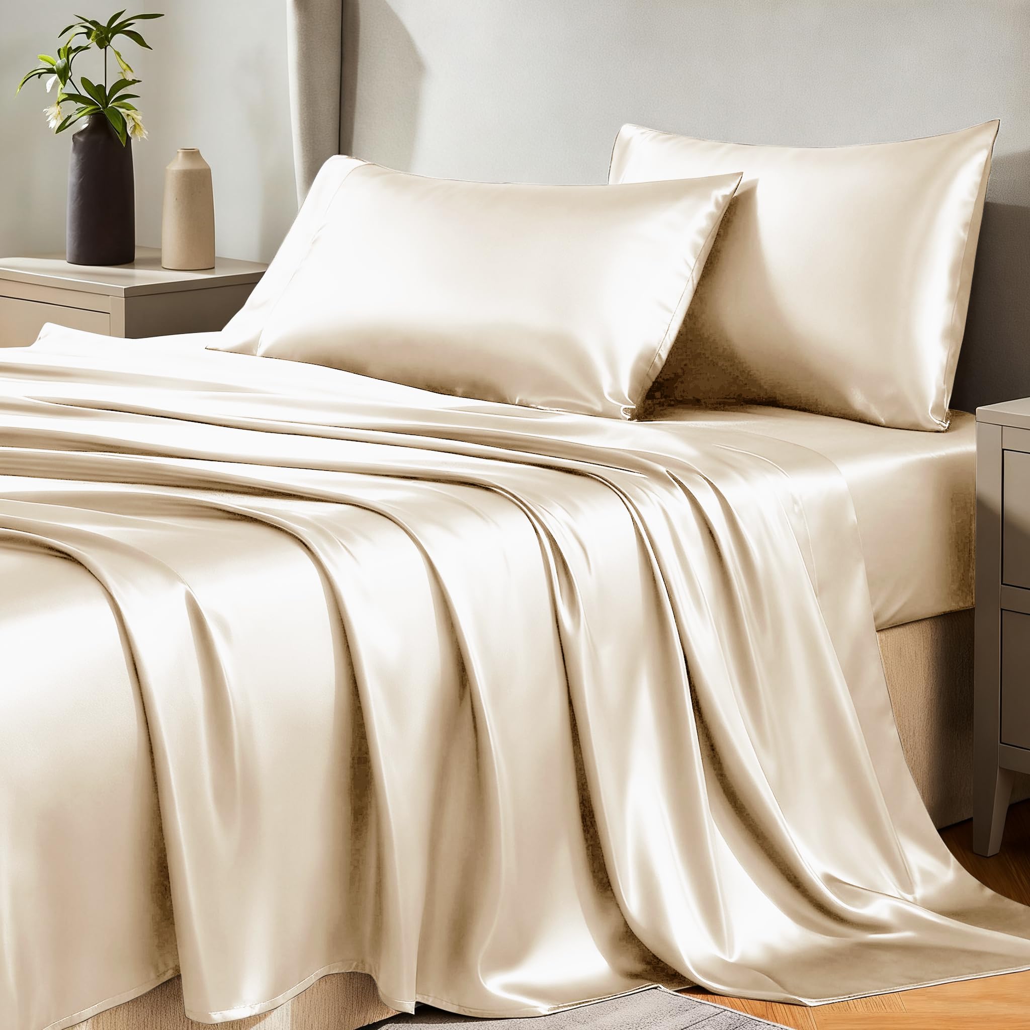 CozyLux Satin Sheets Twin Sheet Set - Silky Soft Bedding Similar to Silk, 3 Piece Sheets for Hair and Skin, Deep Pocket with All-Around Elastic, Home Decor for Bedroom, Black