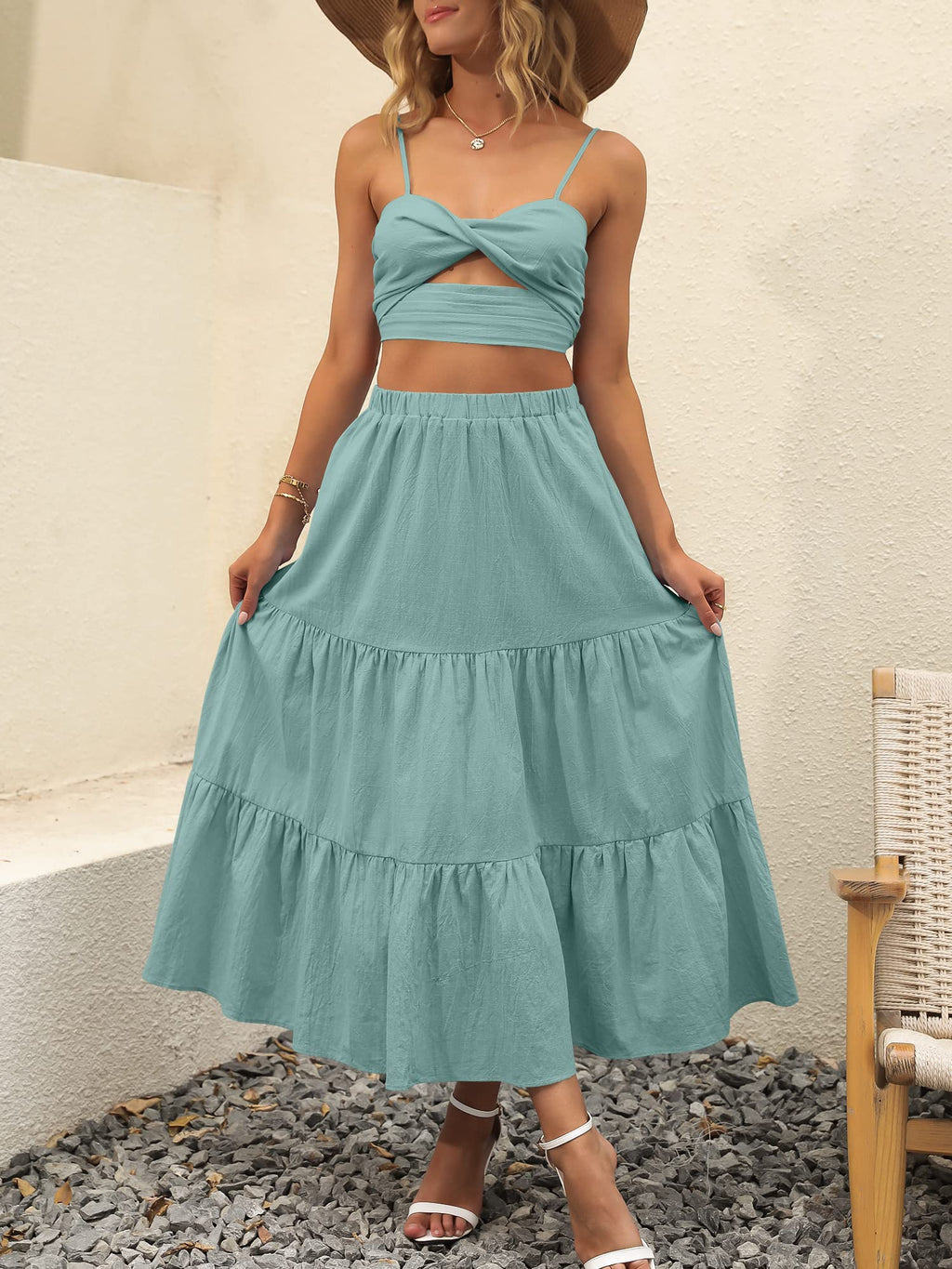 ANRABESS Women’s Summer Boho Flowy Swing Tiered A-Line Maxi Skirt 2026 Fashion Trendy Elastic Waist Pleated Long Beach Dress