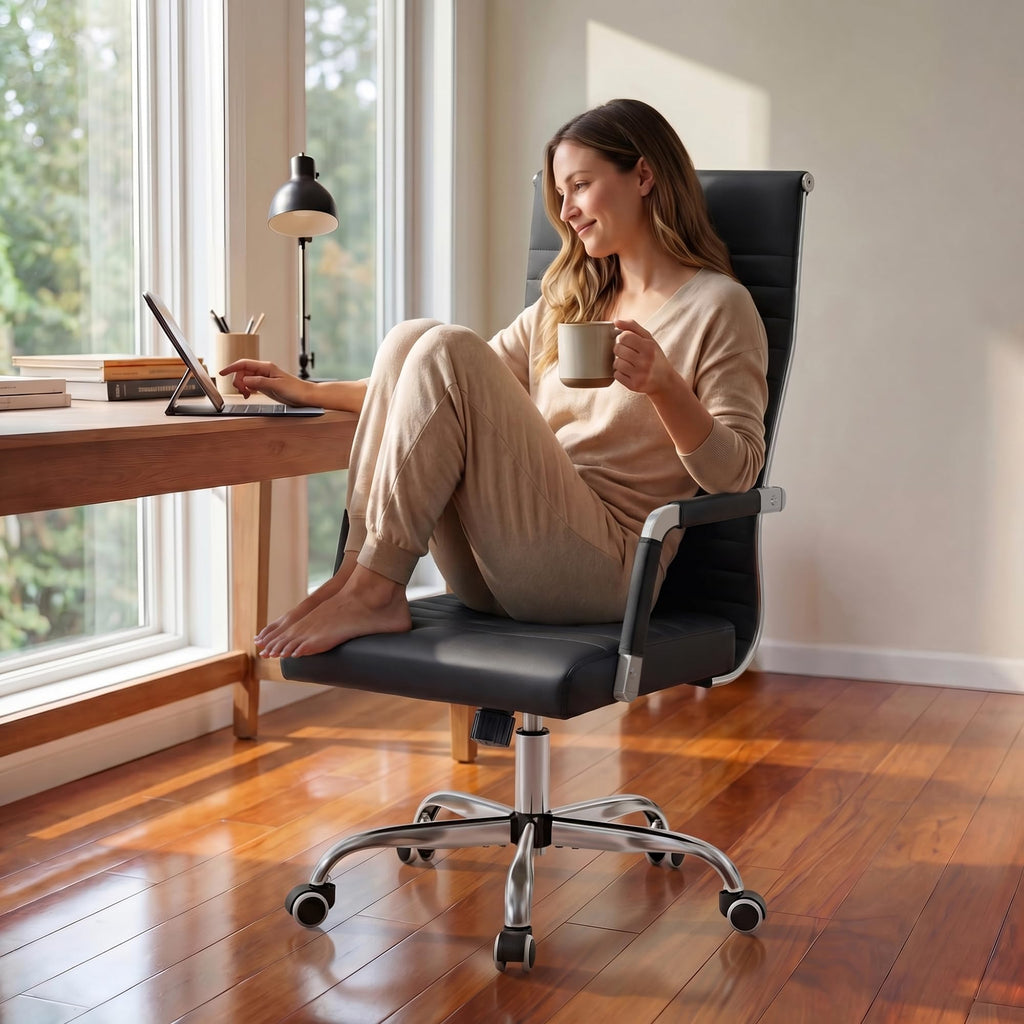 Furmax Ribbed Office Chair High Back PU Leather Executive Conference Chair Adjustable Swivel Chair with Arms (Bicolor Retro Brown)