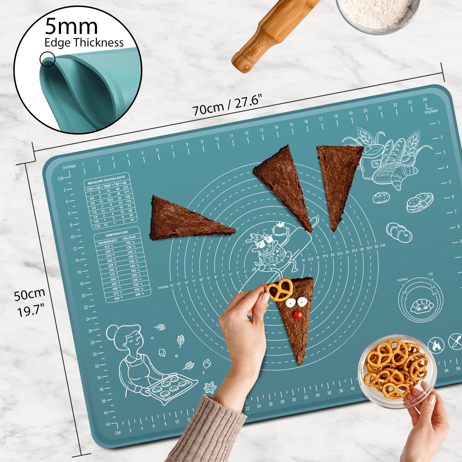 Silicone Baking Mat 24" x 16" Extra Thick Non-stick Pastry Mat with Measurements and Edge Heightening, Food Grade Silicone for Countertop Dough Rolling Making Bread, Cookies, Pizza, Fondant, Pasta