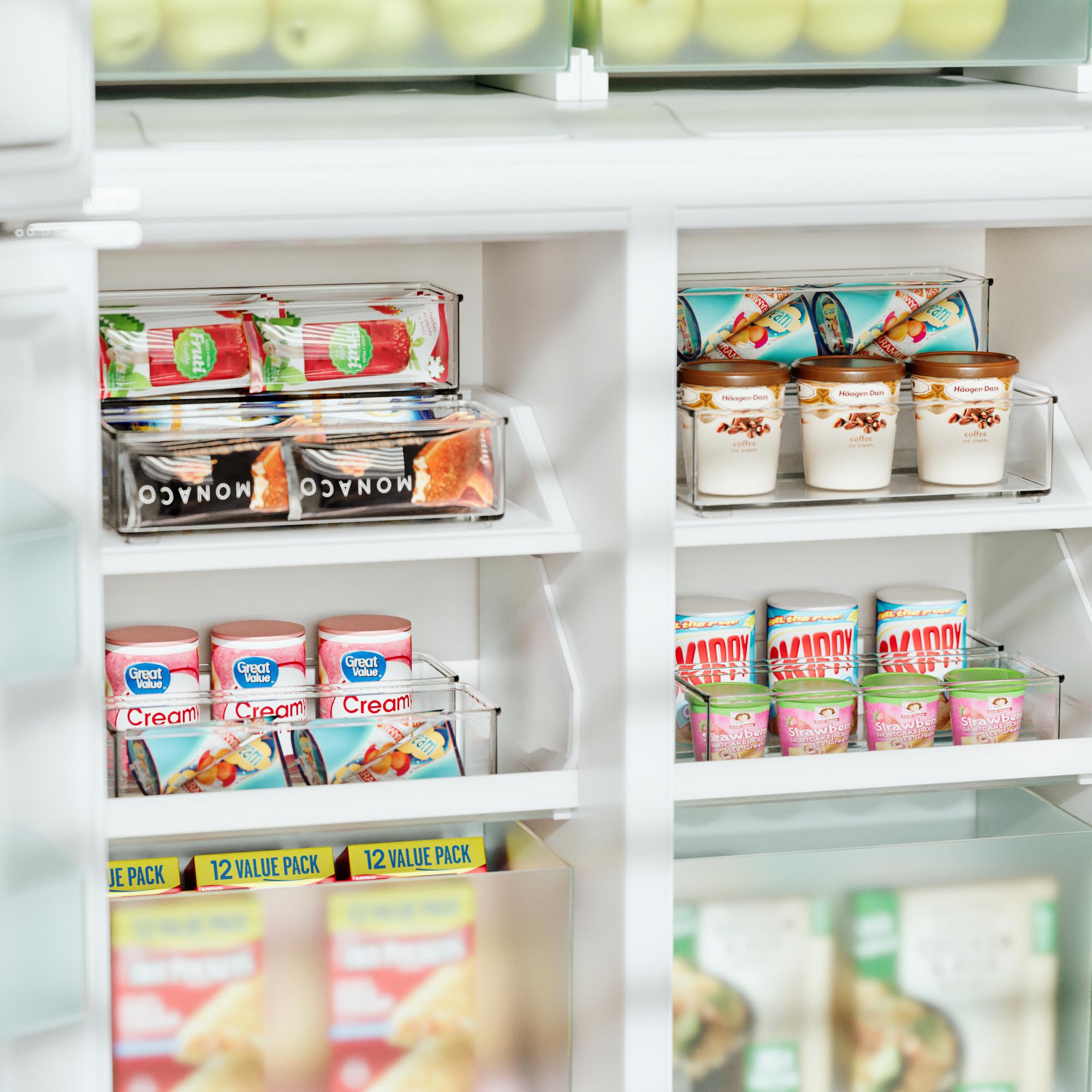 Heyuzb 2 Pack Clear Freezer Organizer Bins Stackable Storage Bins with Side Handles for Kitchen Pantry Cabinet Organzation and Storage