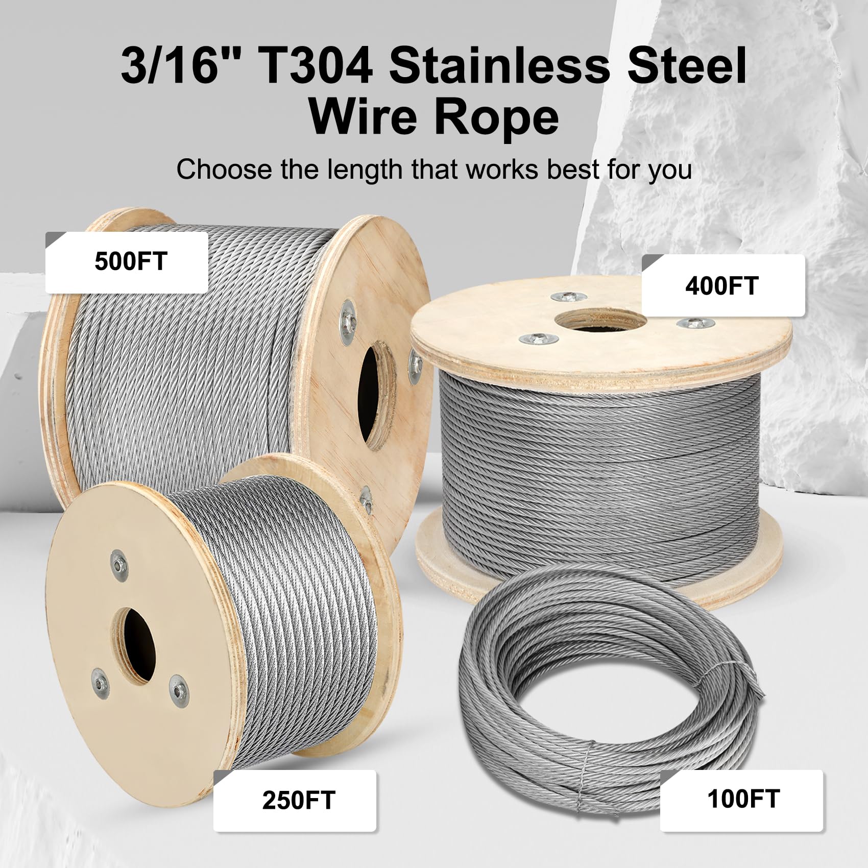 Thickened 3/16" 25ft Stainless Steel Cable with Wire Rope Clip, Thimble and Aluminum Crimping Loop Sleeve, 7X19 Strands Aircraft Cable, 3700lbs Breaking Strength for Deck Railing, String Lights