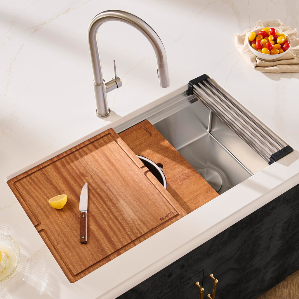 Ruvati 33-inch Workstation Kitchen Sink - Dual Tier Double Bowl Kitchen Sink - Low Divide Undermount Sinks - 16 Gauge Stainless Steel Kitchens Sinks - RVH8255