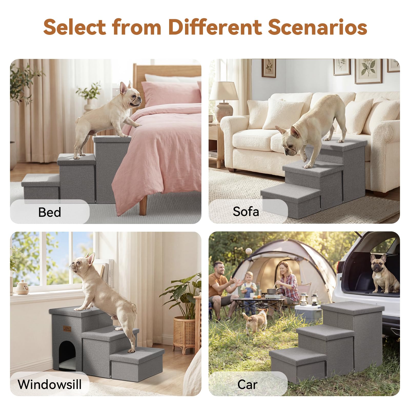 Zerbuger Dog Stairs with Condo 15" H, 2-Step Wider Dog Steps for Small/Medium/Large Old Dogs Cats, Folding Sturdy Storage Pet Stairs Climbing Bed Couch, Ramp for Car Hold Up to 150 lbs, Beige