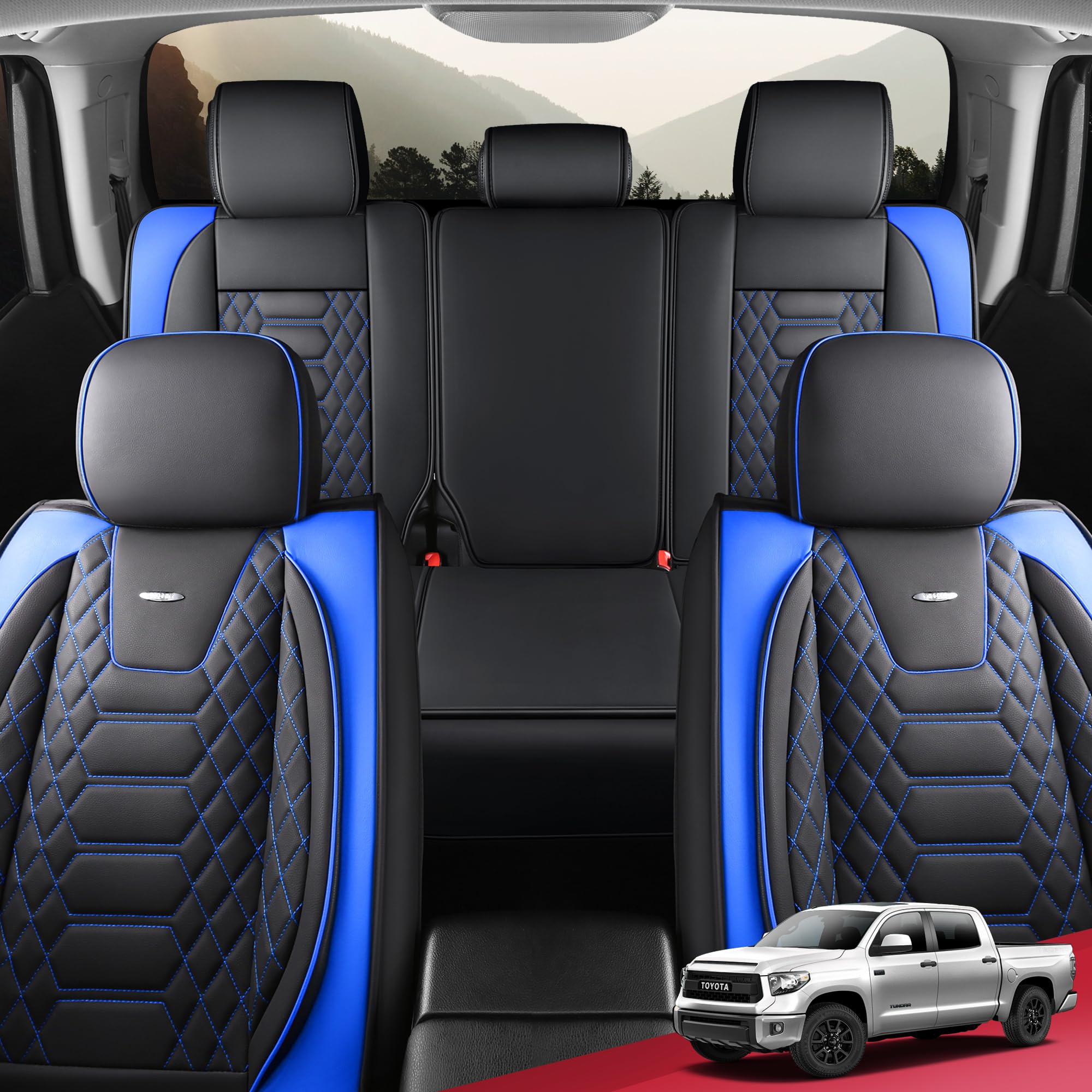 FREESOO Tundra Seat Covers 2007-2013, Fit for Toyota Tundra Crewmax Cab 5 Seats, Custom Truck Seat Covers with Waterproof Faux Leather Black