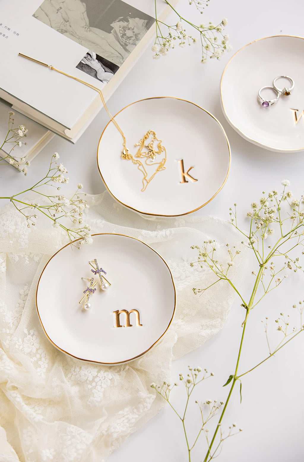COLLECTIVE HOME - Ceramic Jewelry Tray, Decorative Trinket Dish for Rings Earrings Necklaces Bracelet Watch Keys, Birthday Mother's Day Christmas Gift for Women, 4.75", White Surface (A)
